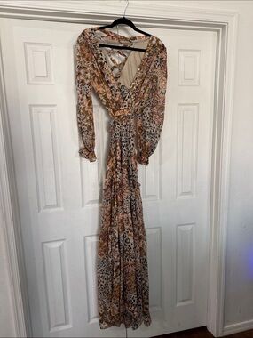Aakaa Floral Leopard Print Wrap Maxi Dress - Beige Brown